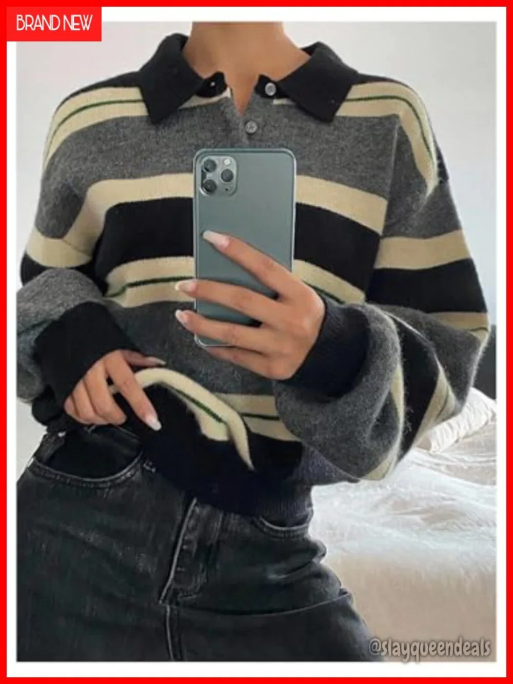 Striped Collared Long Sleeve Knit Pullover Sweater Top